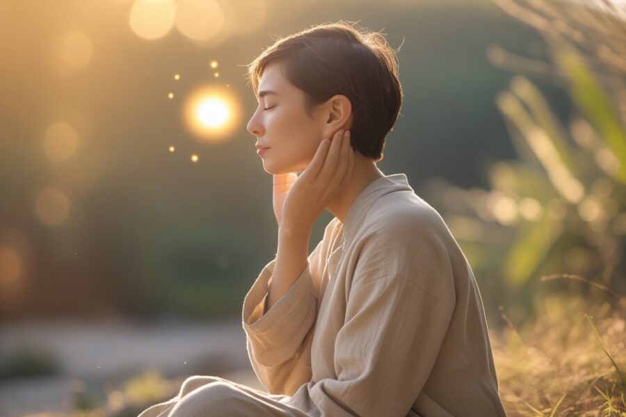Pessoa em meditação com a mão tocando o ouvido esquerdo, em um ambiente ao ar livre com luz suave e elementos que sugerem energia espiritual.