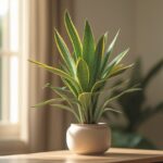 Planta espada de são jorge com folhas verdes longas e pontiagudas em vaso cerâmico, em ambiente iluminado naturalmente.