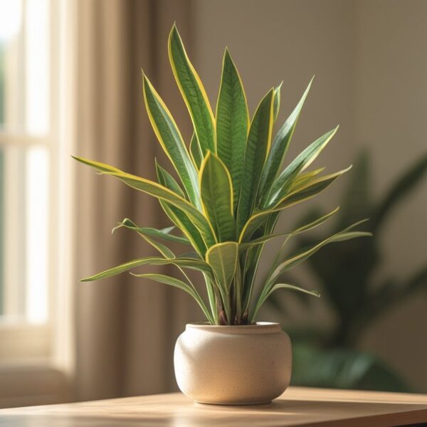 Planta espada de são jorge com folhas verdes longas e pontiagudas em vaso cerâmico, em ambiente iluminado naturalmente.