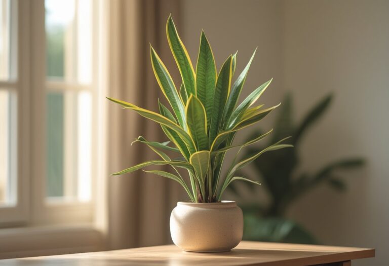 Planta espada de são jorge com folhas verdes longas e pontiagudas em vaso cerâmico, em ambiente iluminado naturalmente.