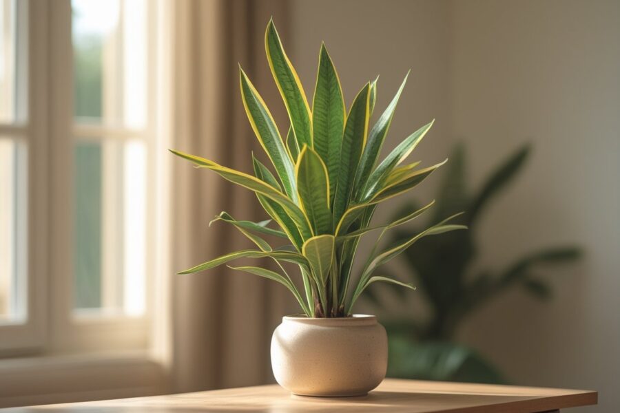 Planta espada de são jorge com folhas verdes longas e pontiagudas em vaso cerâmico, em ambiente iluminado naturalmente.