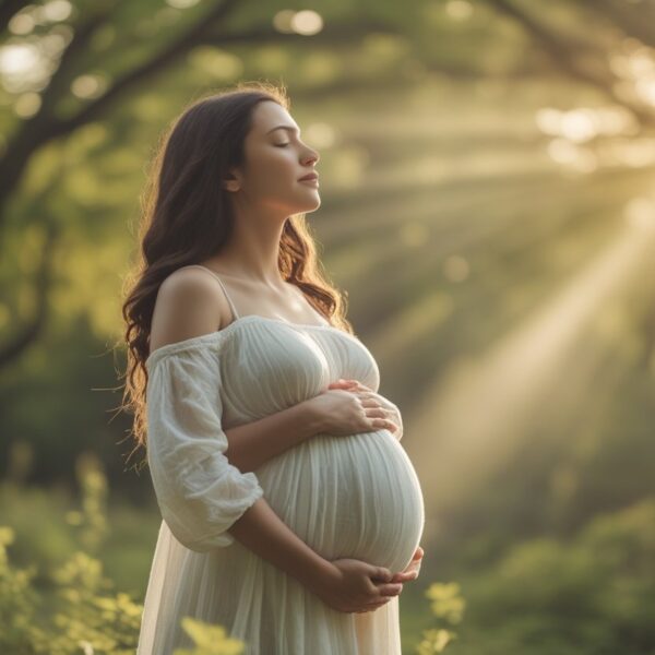 Mulher grávida em pé em um ambiente natural iluminado pelo sol, com as mãos sobre a barriga e expressão serena.