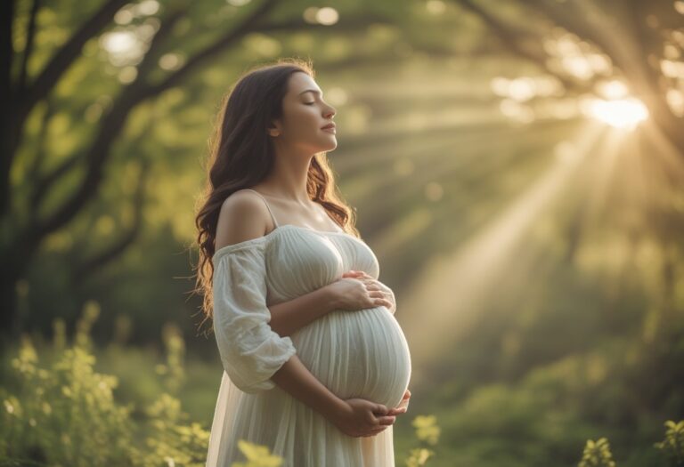 Mulher grávida em pé em um ambiente natural iluminado pelo sol, com as mãos sobre a barriga e expressão serena.