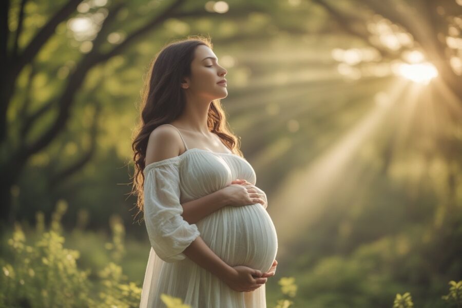 Mulher grávida em pé em um ambiente natural iluminado pelo sol, com as mãos sobre a barriga e expressão serena.