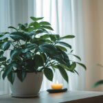 Planta zamioculca saudável com folhas verdes brilhantes em uma mesa de madeira próxima a uma janela com luz natural suave.