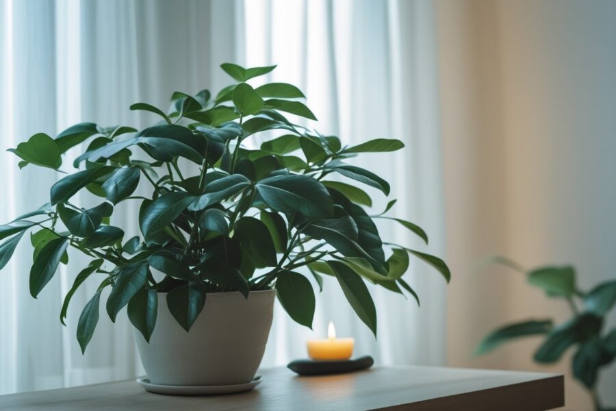 Planta zamioculca saudável com folhas verdes brilhantes em uma mesa de madeira próxima a uma janela com luz natural suave.