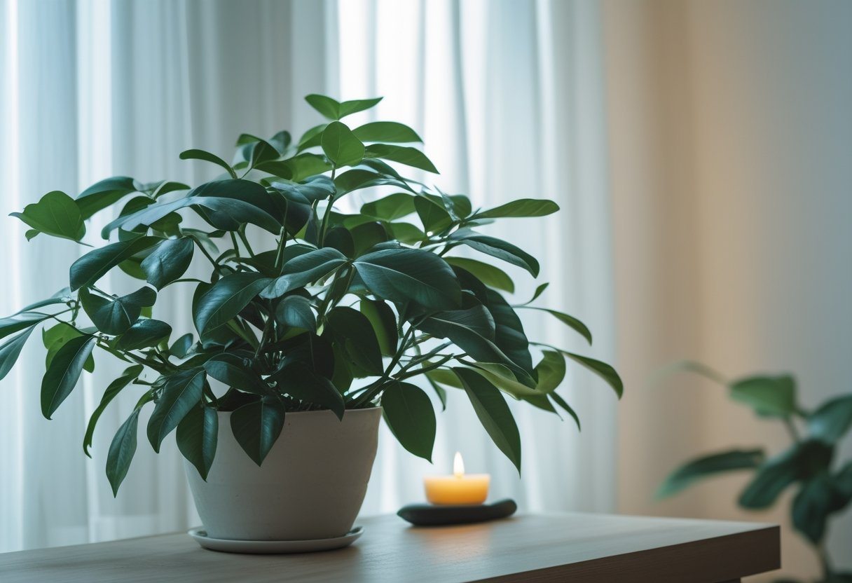 Planta zamioculca saudável com folhas verdes brilhantes em uma mesa de madeira próxima a uma janela com luz natural suave.