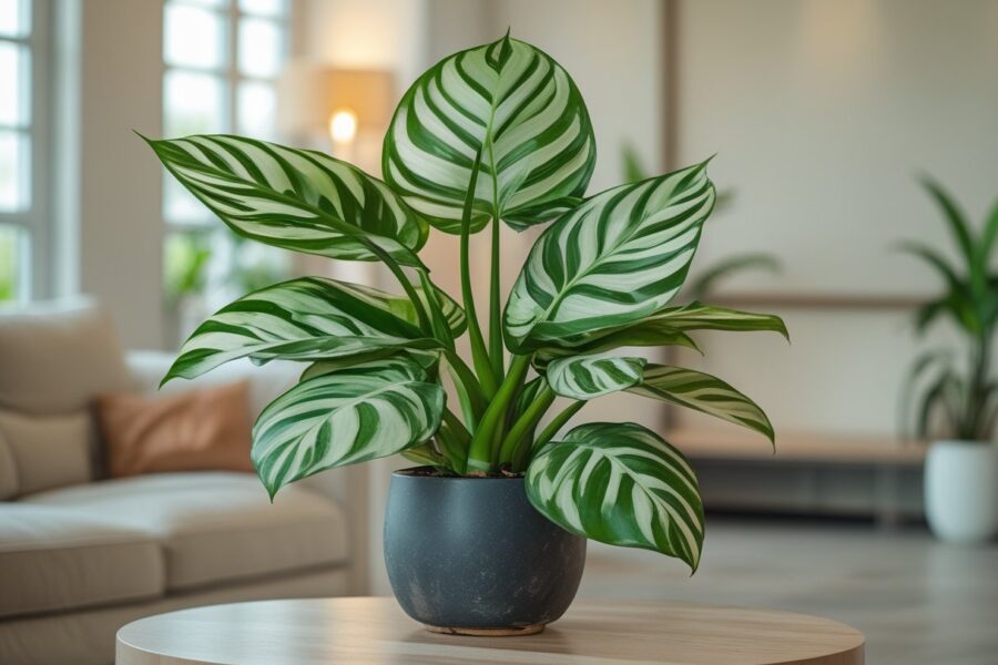 Planta comigo ninguém-pode com folhas verdes e variegadas em um ambiente interno iluminado naturalmente.