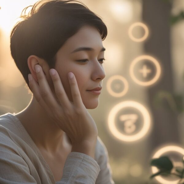 Pessoa tocando suavemente a orelha direita com expressão calma e introspectiva, em um ambiente tranquilo com luz suave e elementos que sugerem espiritualidade.