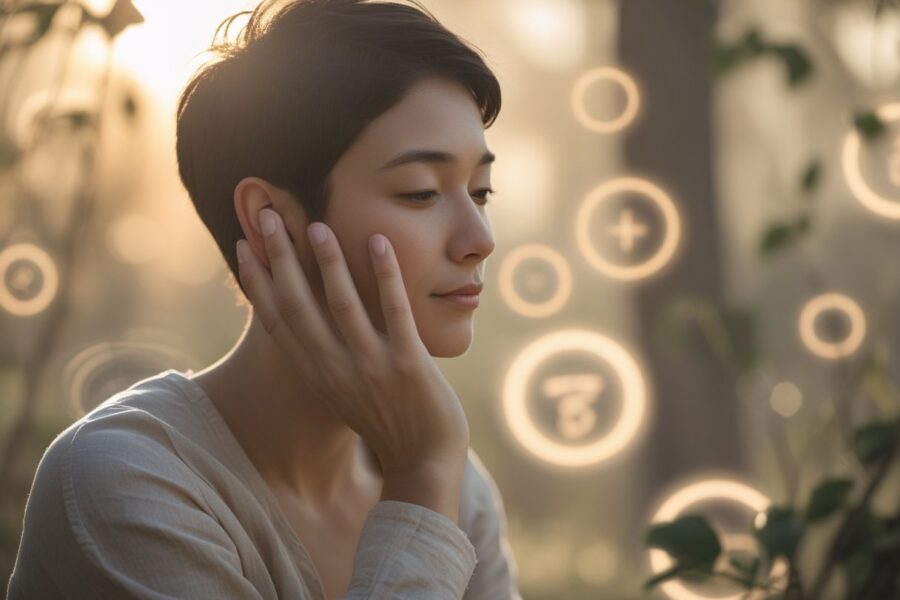 Pessoa tocando suavemente a orelha direita com expressão calma e introspectiva, em um ambiente tranquilo com luz suave e elementos que sugerem espiritualidade.