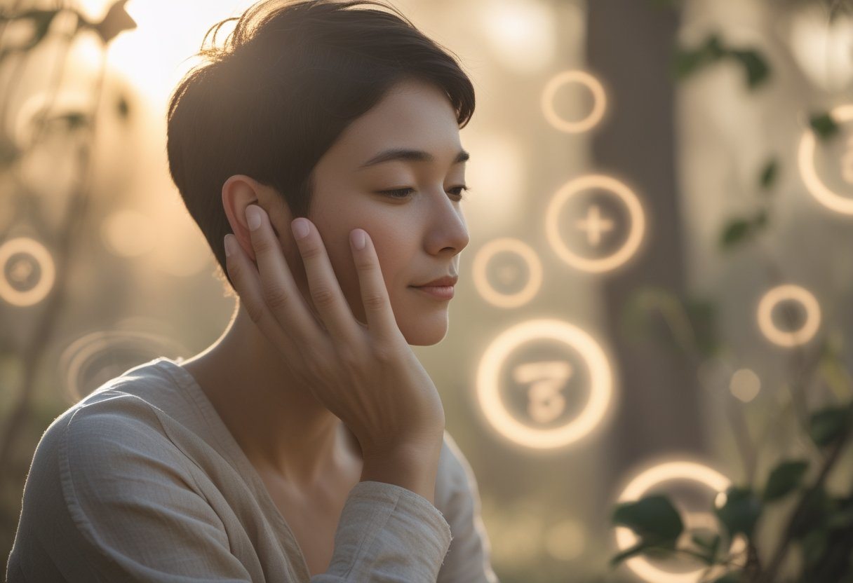 Pessoa tocando suavemente a orelha direita com expressão calma e introspectiva, em um ambiente tranquilo com luz suave e elementos que sugerem espiritualidade.