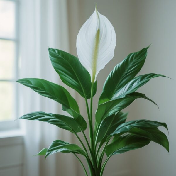Uma planta lírio da paz com folhas verdes brilhantes e flor branca em um ambiente interno iluminado pela luz natural.