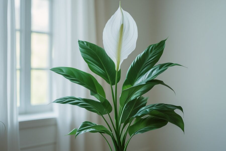 Uma planta lírio da paz com folhas verdes brilhantes e flor branca em um ambiente interno iluminado pela luz natural.