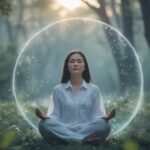 Pessoa meditando sentada em um ambiente natural tranquilo, com olhos fechados e expressão serena, cercada por luz suave e partículas brilhantes.