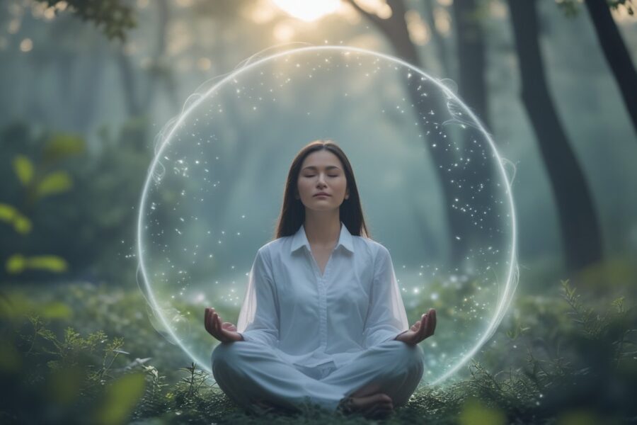 Pessoa meditando sentada em um ambiente natural tranquilo, com olhos fechados e expressão serena, cercada por luz suave e partículas brilhantes.