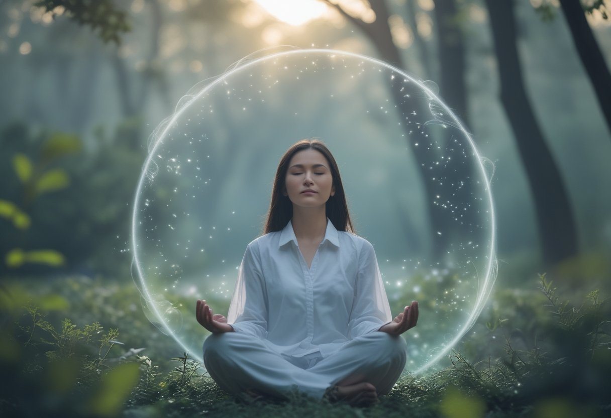 Pessoa meditando sentada em um ambiente natural tranquilo, com olhos fechados e expressão serena, cercada por luz suave e partículas brilhantes.