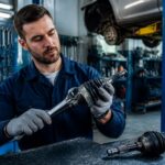 Mecânico profissional inspecionando a homocinética de um carro em uma oficina automotiva organizada.