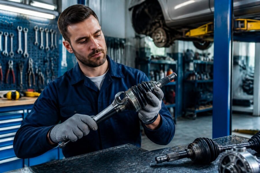 Mecânico profissional inspecionando a homocinética de um carro em uma oficina automotiva organizada.
